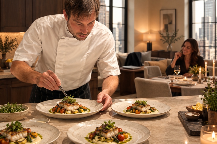 Chef Apostolos plating a meal in a private dining setting