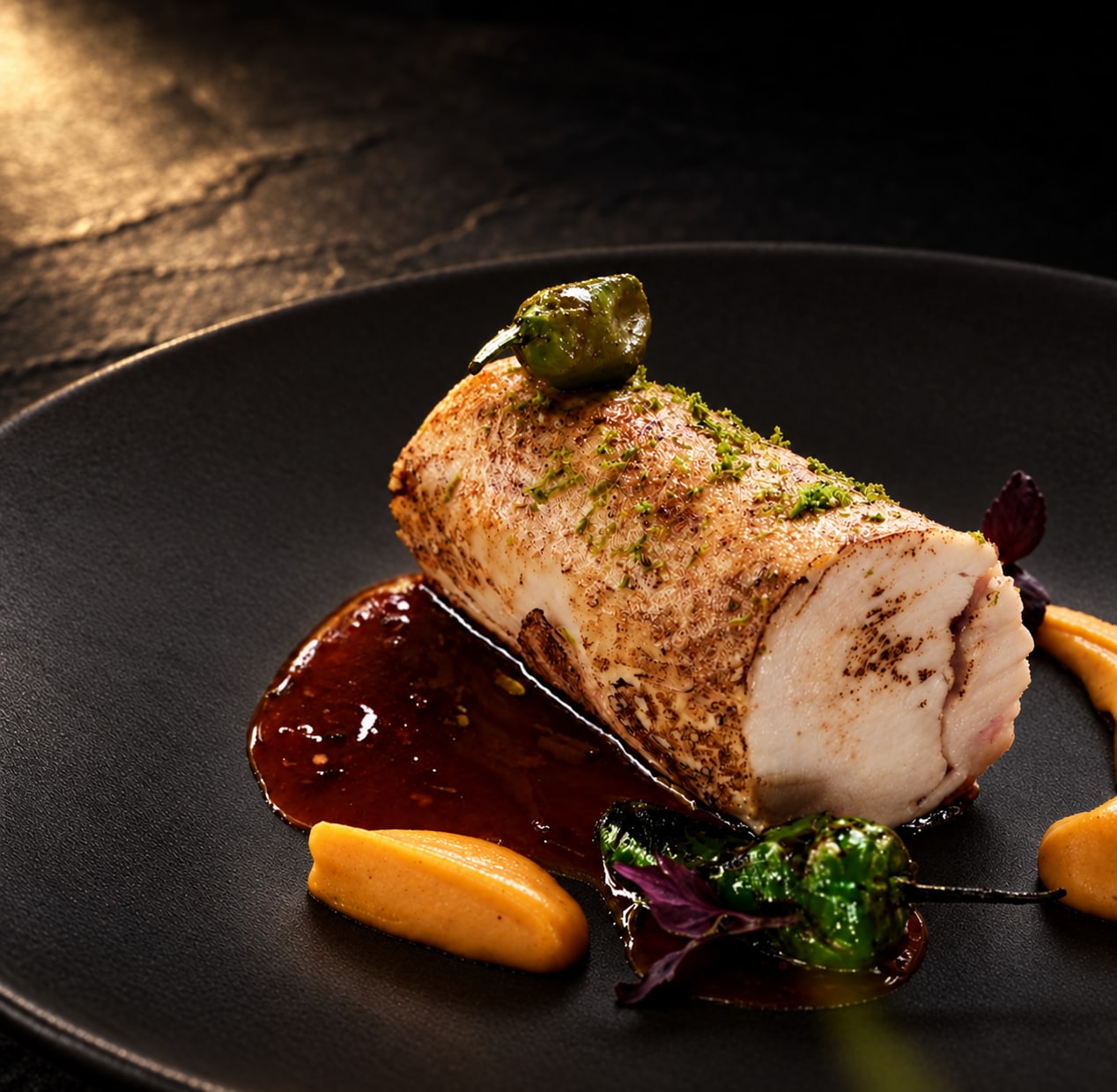 Chicken ballotine with glossy jus and purée on a dark plate