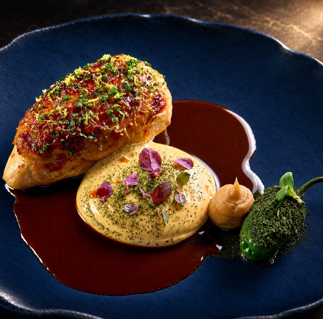 Roasted chicken with purée, greens and sauce on a blue plate