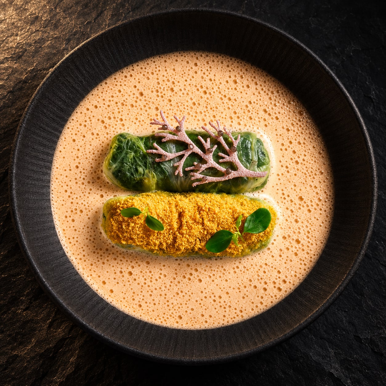A green roulade and golden croquette in a foamed sauce