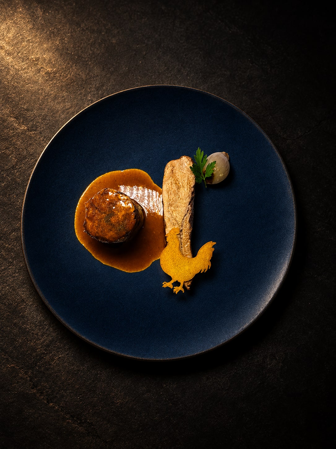 A roasted main course with sauce and herbs on a navy plate