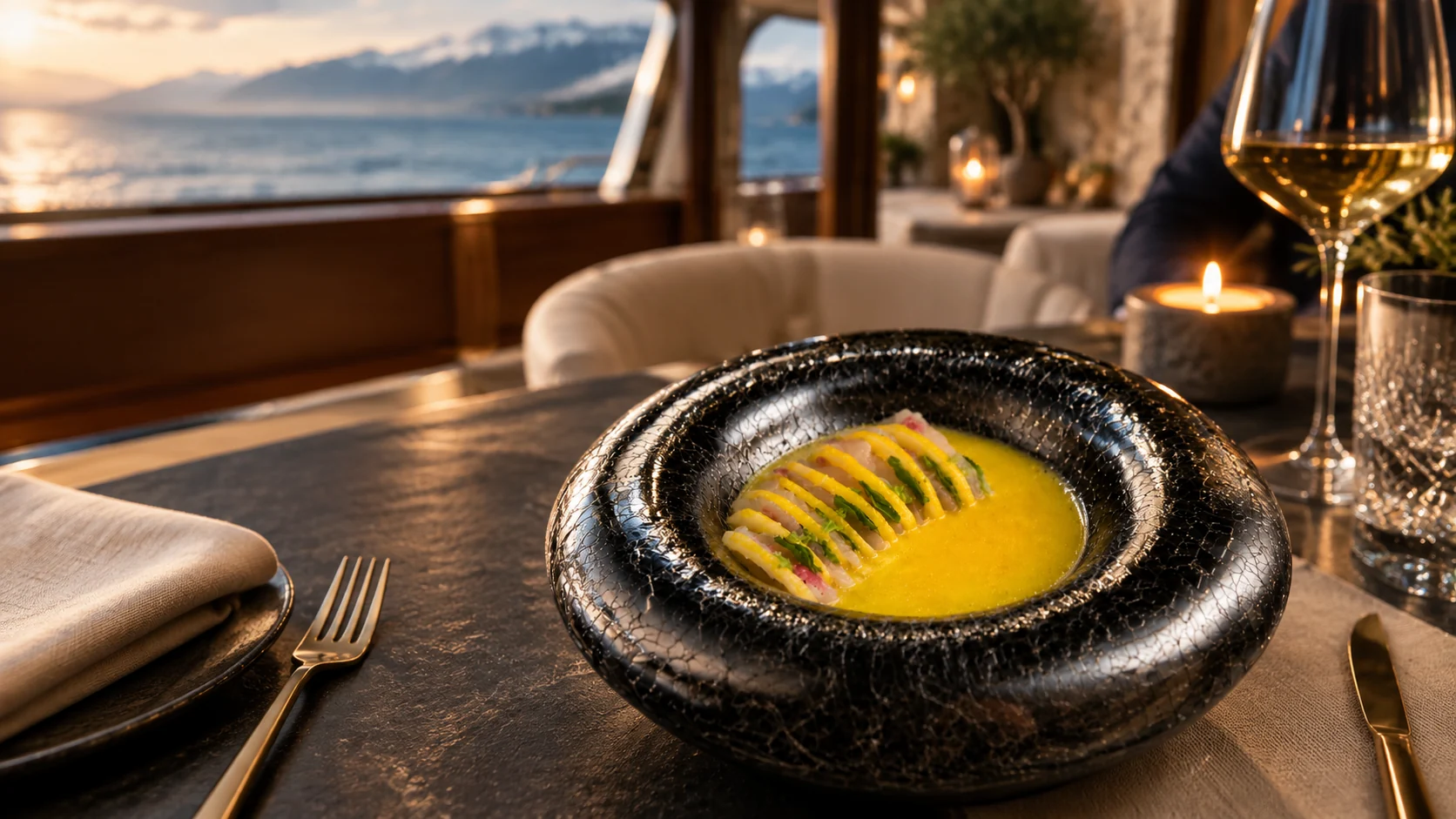 A refined course served aboard a yacht at sunset
