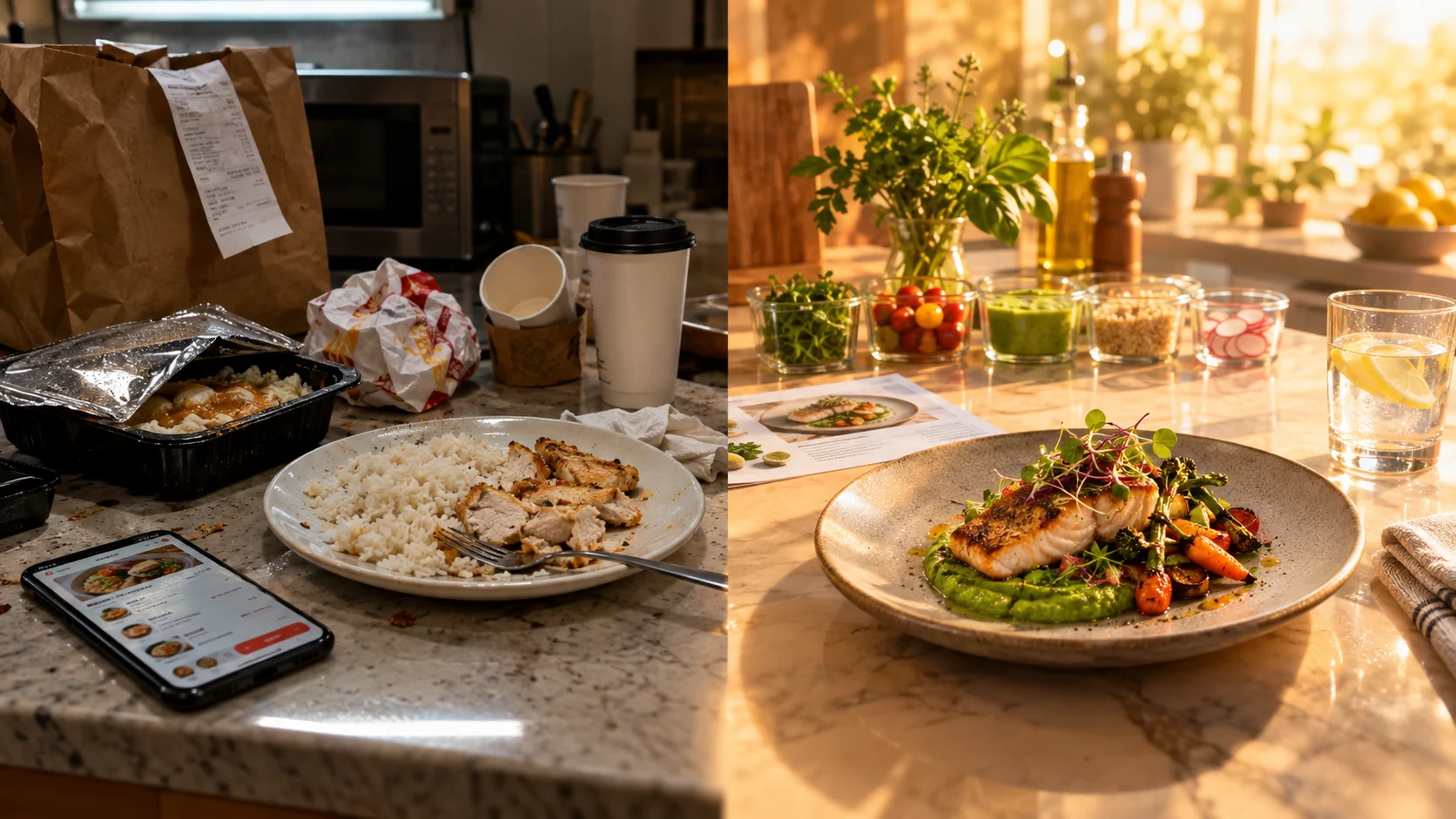 A contrast between an unplanned takeaway dinner and a thoughtfully prepared meal at home