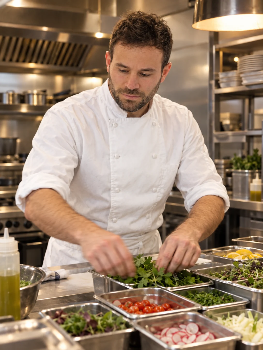 Chef Apostolos preparing ingredients in a professional kitchen
