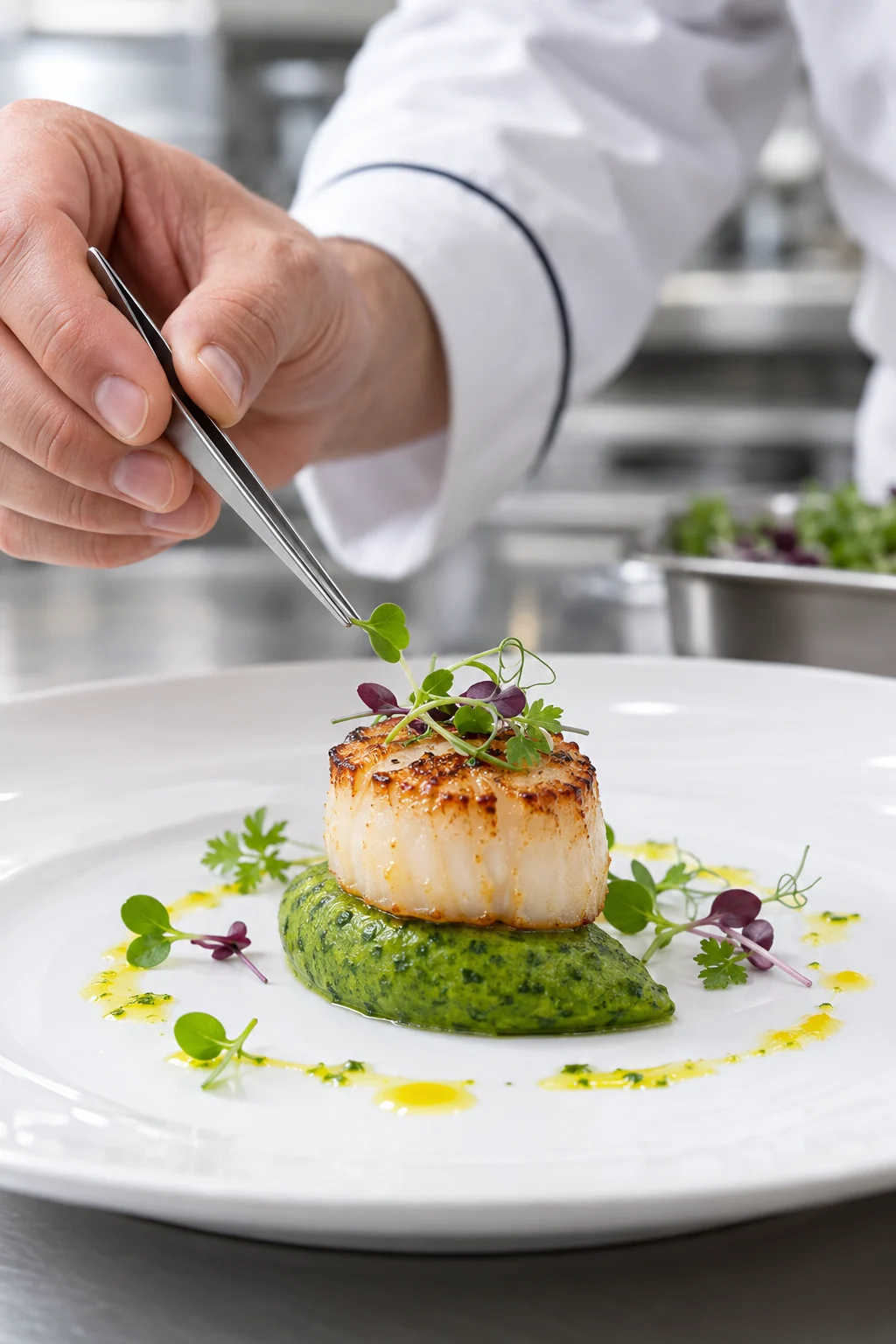 A chef finishing a scallop with a delicate garnish