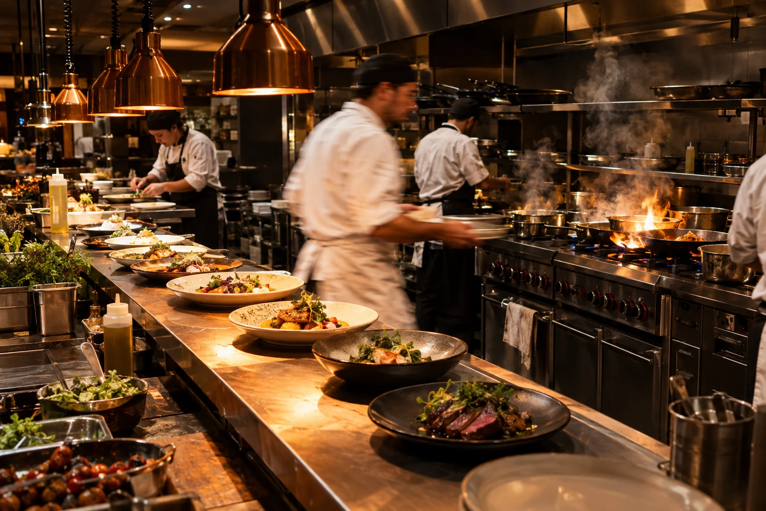 A busy professional kitchen during dinner service