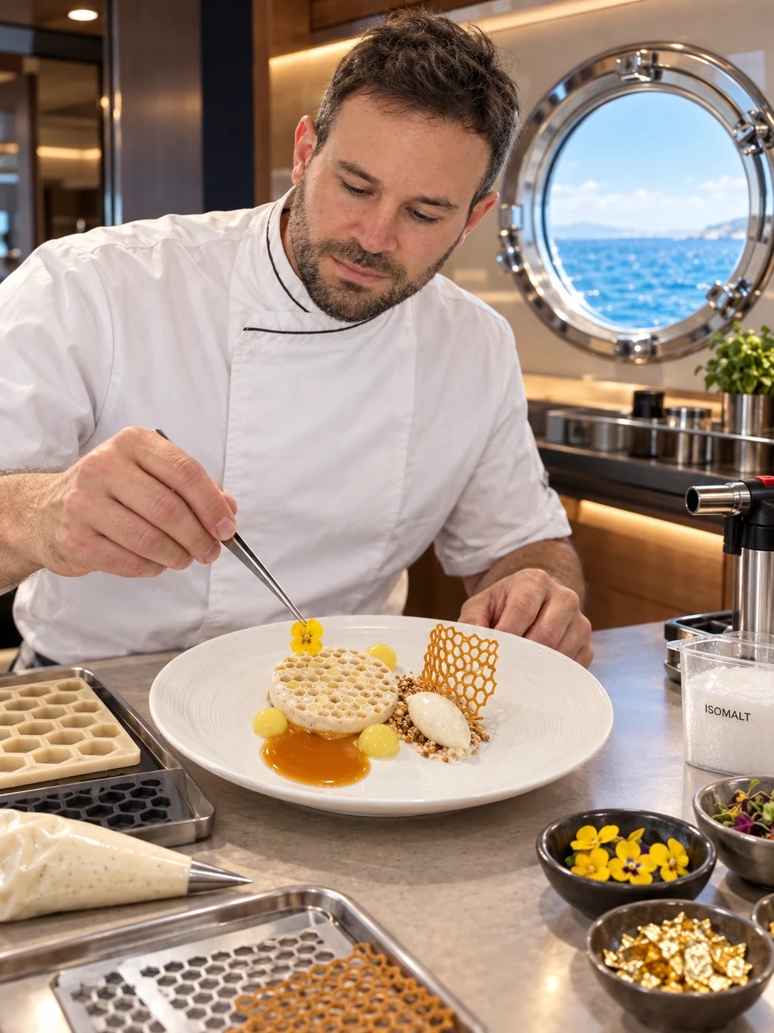Chef Apostolos finishing a dish in a yacht galley