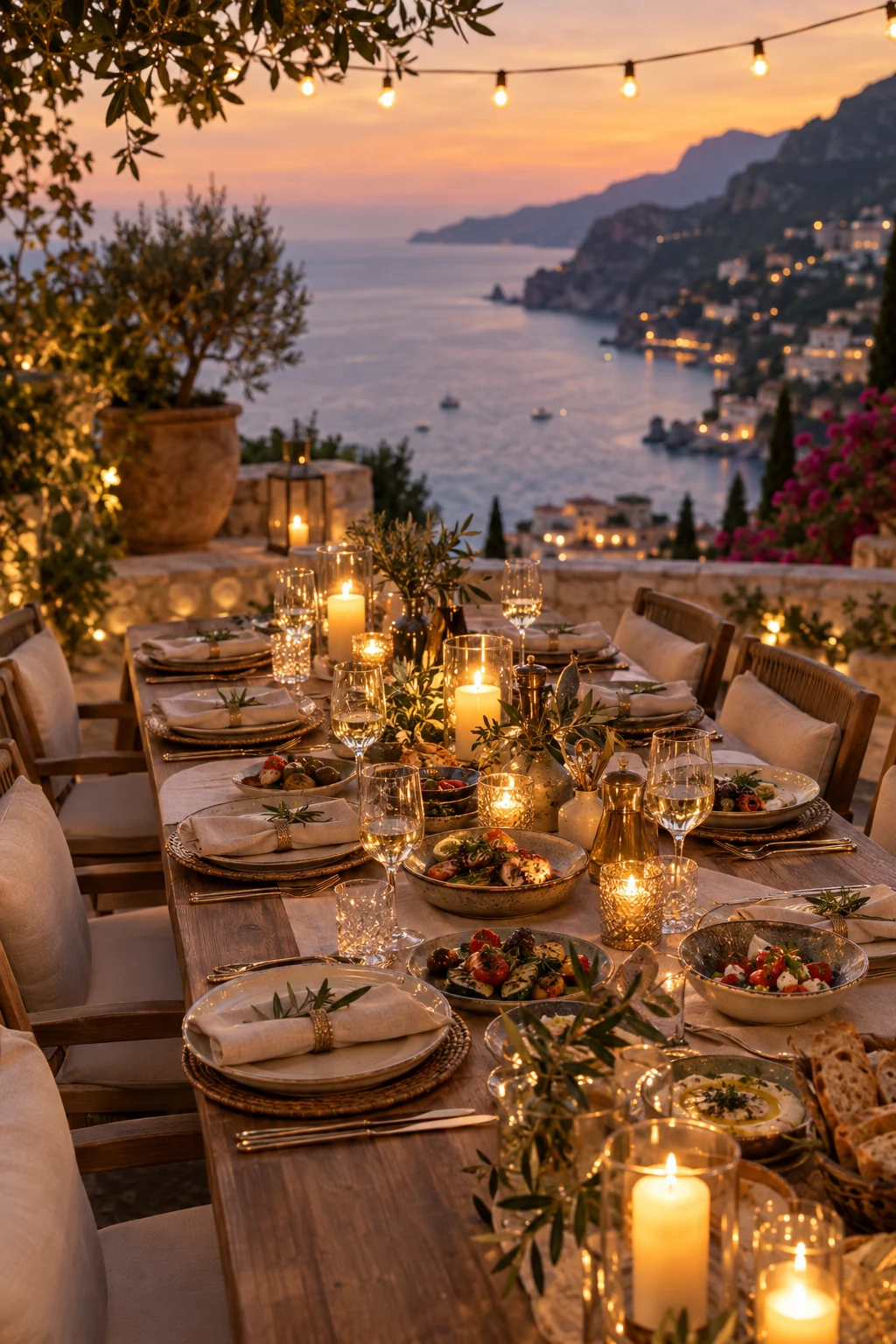 A candlelit private table overlooking the Mediterranean at dusk