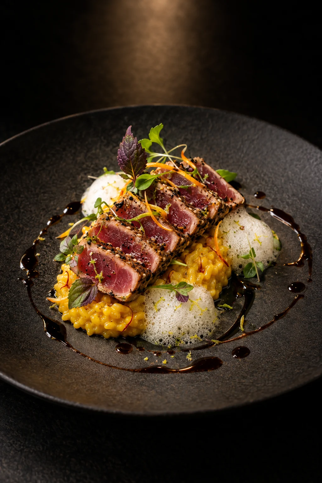 Seared tuna, rice, and vegetables on a dark ceramic plate