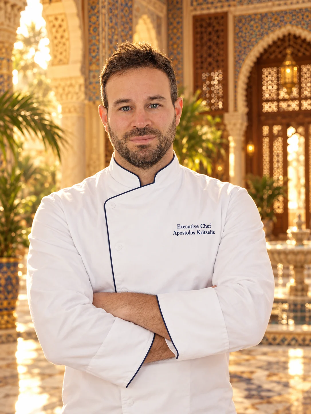 Chef Apostolos in his chef whites in a private hospitality setting