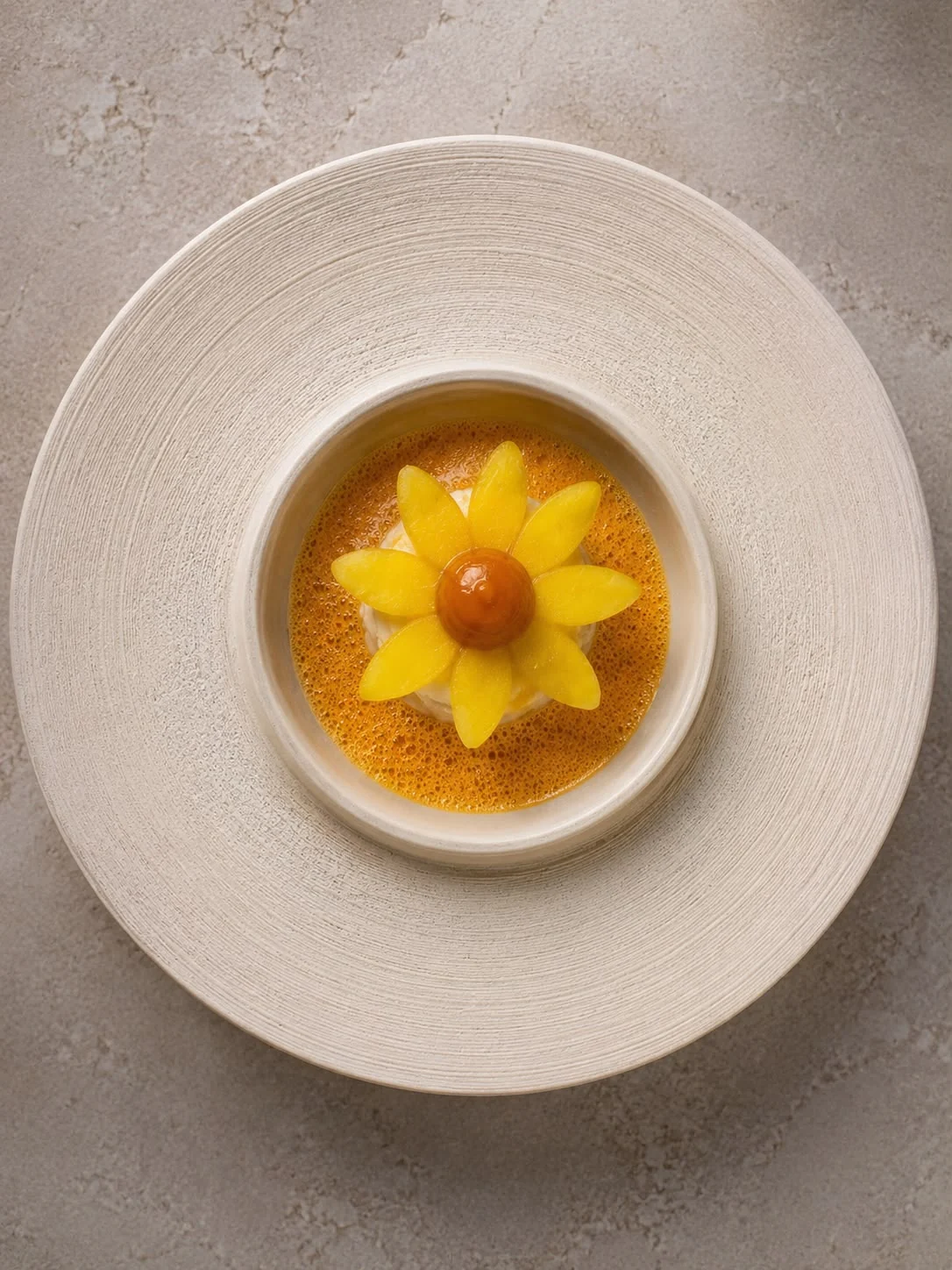 A delicate yellow flower-shaped dessert on an ivory plate