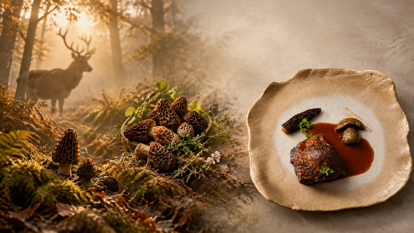 A woodland-inspired composition with morel mushrooms and a carefully plated main course